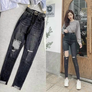 Quần jeans nữ rách , quần jean nữ lưng cao ôm dáng , quần cạp cao chất denim co giãn R.I.U STORE