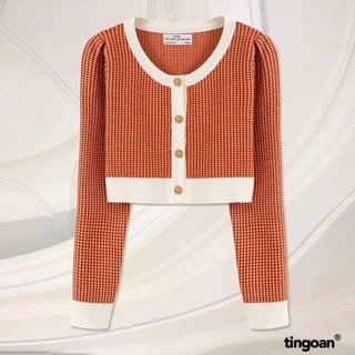 TINGOAN®  - Áo set len xù cardigan lửng tặng kèm áo 2 dây kẻ caro cam nhỏ vai bồng LOULOU CARDIGAN/OR