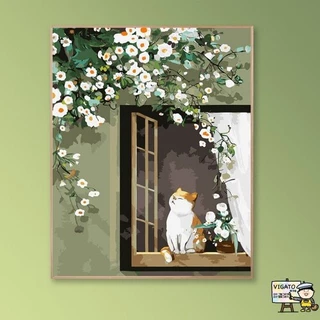 Tranh canvas treo tường chú mèo đáng yêu bên cửa sổ hoa - 45 x 60 cm