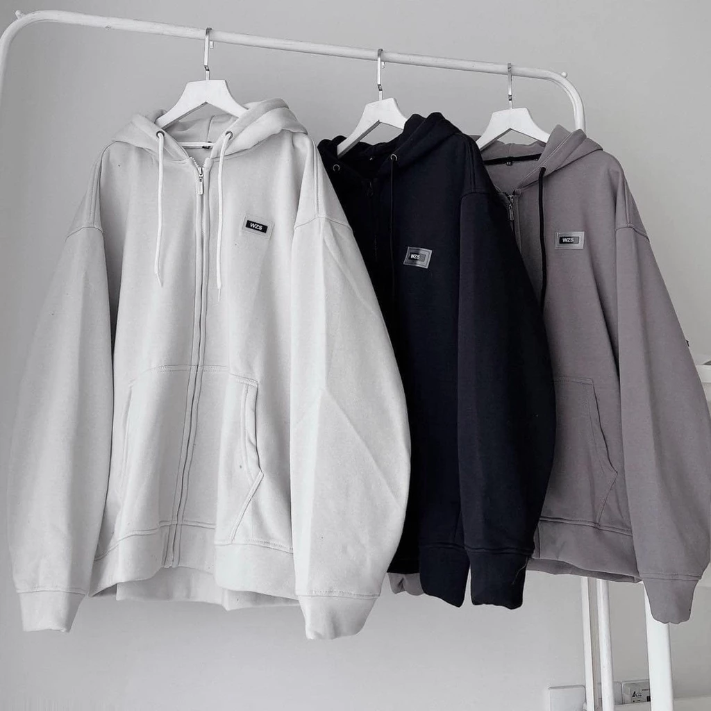 Áo khoác hoodie nỉ dây kéo TEM SU WZS màu đen vải nỉ lót bông form rộng unisex nam nữ khoác ngoài form rộng