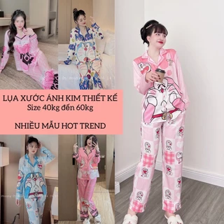 ẢNH THẬT pijama tay dài lụa xước ánh kim thiết kế cao cấp, đồ bộ nữ hot trend, pijama nữ lụa xước giá rẻ freeship