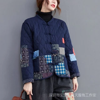 Mùa Thu Đông Phong Cách Dân Tộc Miếng Dán Vải Lanh Cotton Quilted Áo Khoác Cotton Dày Áo Khoác Cotton