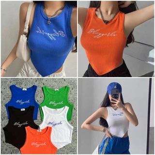 Áo ba lỗ nữ thêu chữ playgirl dáng croptop vạt nhọn thun gân