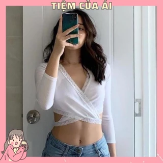 ÁO CROPTOP THUN GÂN VIỀN PHỐI REN TAY DÀI