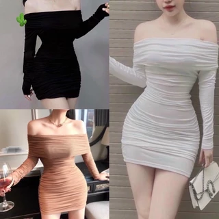 Đầm trễ vai tay dài trơn ôm body nhúm sườn dáng ngắn sexy , chất thun gân mềm mát