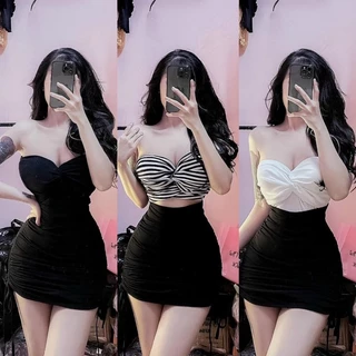 Set Bộ Áo Cúp  Xoén Ngực Có Mút Croptop Kèm Chân Váy Rút Có lót