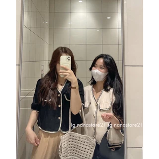 ÁO SƠ MI DẠ TWEED MỎNG doubleh.clo - Áo kiểu sơ mi nữ dạ tweed xước ướt cổ V dáng ngắn croptop ulzzang Hàn Quốc