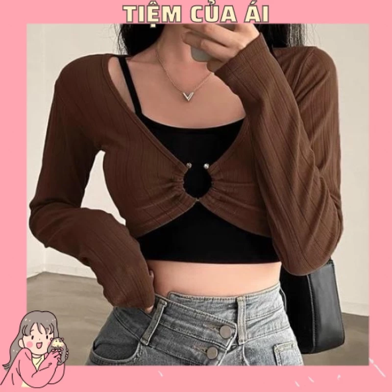 SET 2 ÁO CROPTOP TAY DÀI KHOEN NGỰC VÀ ÁO HAI DÂY TRONG