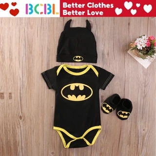 Bộ trang phục 3 món BCBL gồm áo liền quần+vớ+mũ đen họa tiết hoạt hình Batman cho bé 6-12 tháng tuổi