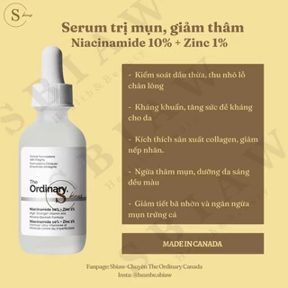Tinh chất, serum hỗ trợ giảm mụn, thu nhỏ lỗ chân lông Niacinamide 10% + Zinc 1% - The Ordinary.