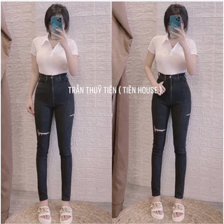 Set jeans dài co giãn xám đen rách PT + Croptop petter trơn