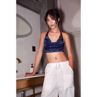 ELE Studios- Áo Croptop thiết kế yếm lụa satin xanh dương cổ đỗ thắt nơ hở lưng sexy quyến rũ DISCO top