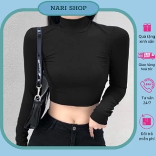 Áo croptop cổ lọ tay dài ôm gọn dáng chất thun co giãn phong cách Hàn Quốc, áo croptop siêu xinh xắn