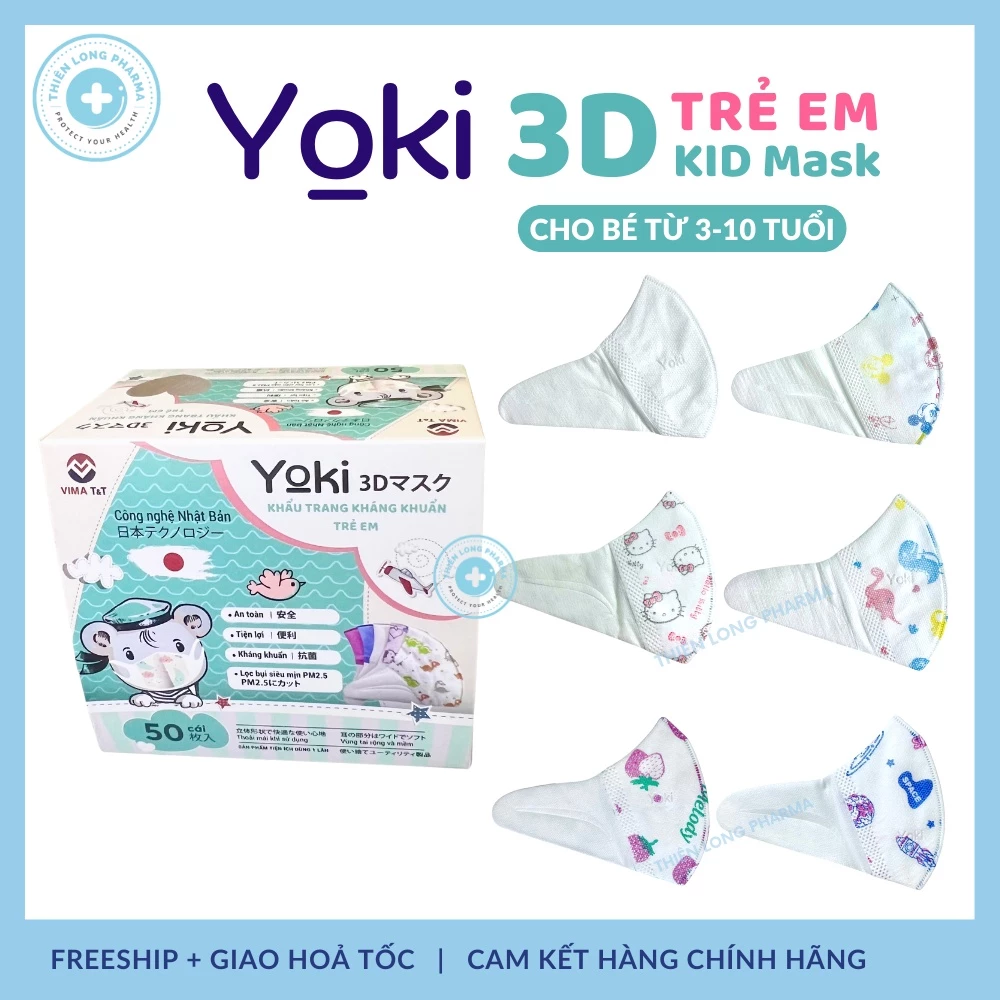 [HỘP 50 CÁI] Khẩu Trang 3D Yoki trẻ em cho bé 3-10 Tuổi