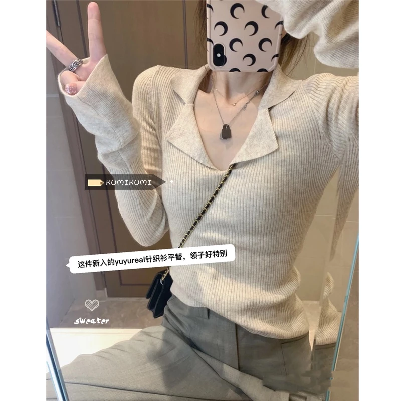 kumikumi HAUNG YOYO Áo Sweater Dệt Kim Cổ POLO Dáng Ôm Phong Cách Hàn Quốc Thời Trang Mùa Thu Dành Cho Bạn Nữ