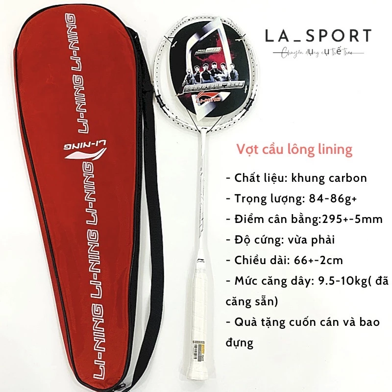 Vợt cầu lông Lining khung Carbon giá rẻ siêu bền đẹp, tặng kèm dây cước bao đựng và quấn cán