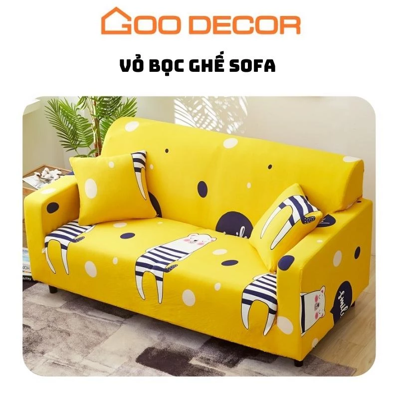 Bọc sofa GOO Decor họa tiết gấu vàng, bọc ghế sofa đơn, chữ L vải thun sữa co giãn