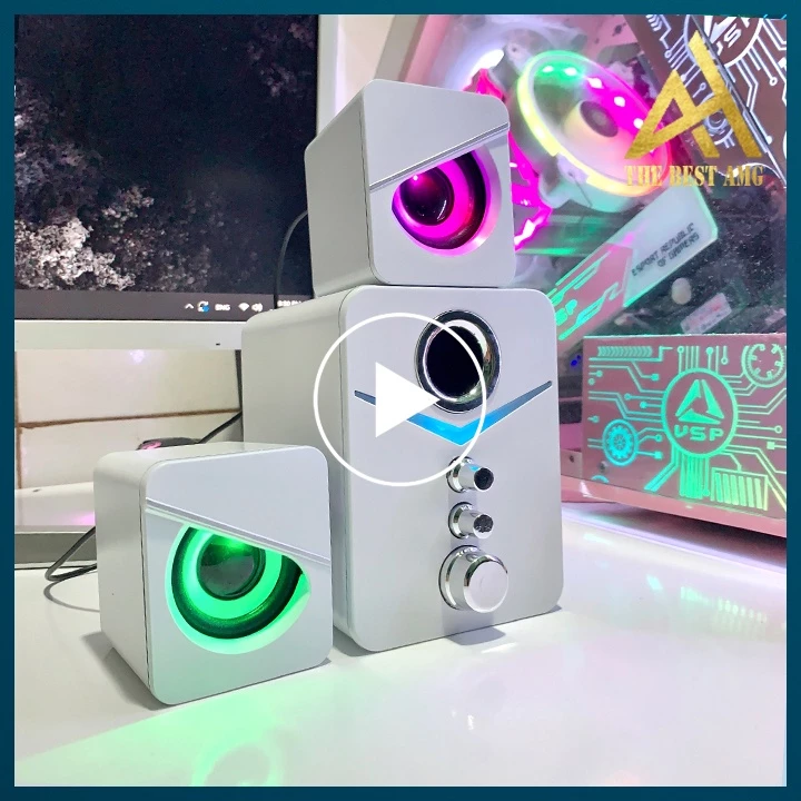 Loa Máy Tính Để Bàn Mini Led RGB 2.1 Kisonli U-3100 Màu Trắng - Loa Vi Tính Laptop PC Có Dây Bass Siêu Trầm