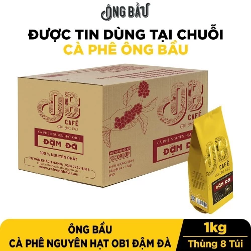 ÔNG BẦU - Thùng 8 Túi Ông Bầu Cà Phê Nguyên Hạt OB1 - Đậm Đà - Túi 1 Kg