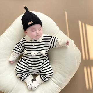 Áo Liền Quần Tay Dài Bằng Vải Cotton Họa Tiết Kẻ Sọc Dễ Thương Thời Trang Xuân Thu Phong Cách Hàn Quốc Cho Bé Trai Và Gái 0-24 Tháng Tuổi