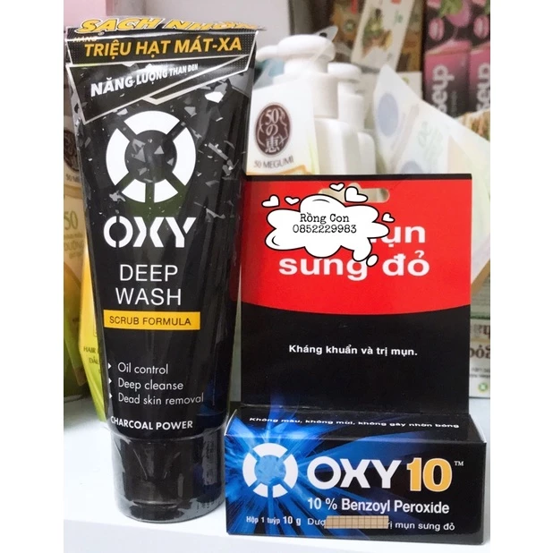 Bộ Đôi Sản Phẩm Sữa rửa mặt than hoạt tính có hạt sạch nhờn Oxy Deep Wash 100g + Kem ngừa mụn bọc và mụn sưng đỏ Oxy 10