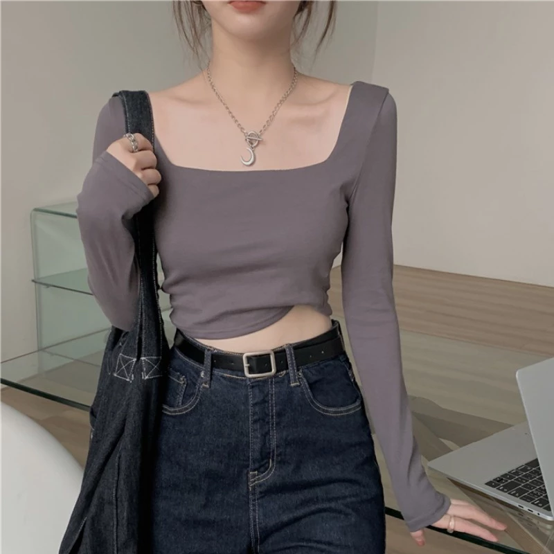 Square collar short women's new slimming inside with a base long sleeve T-shirt TX-02-6844