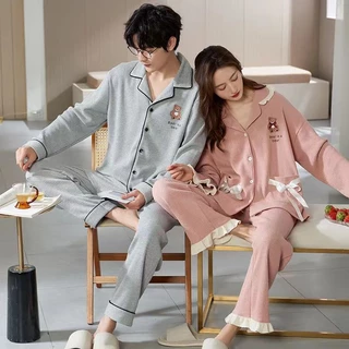 Bộ Đồ Ngủ Cotton Tay Dài Dáng Rộng Cỡ Lớn Thời Trang Xuân Thu Cho Nam Và Nữ