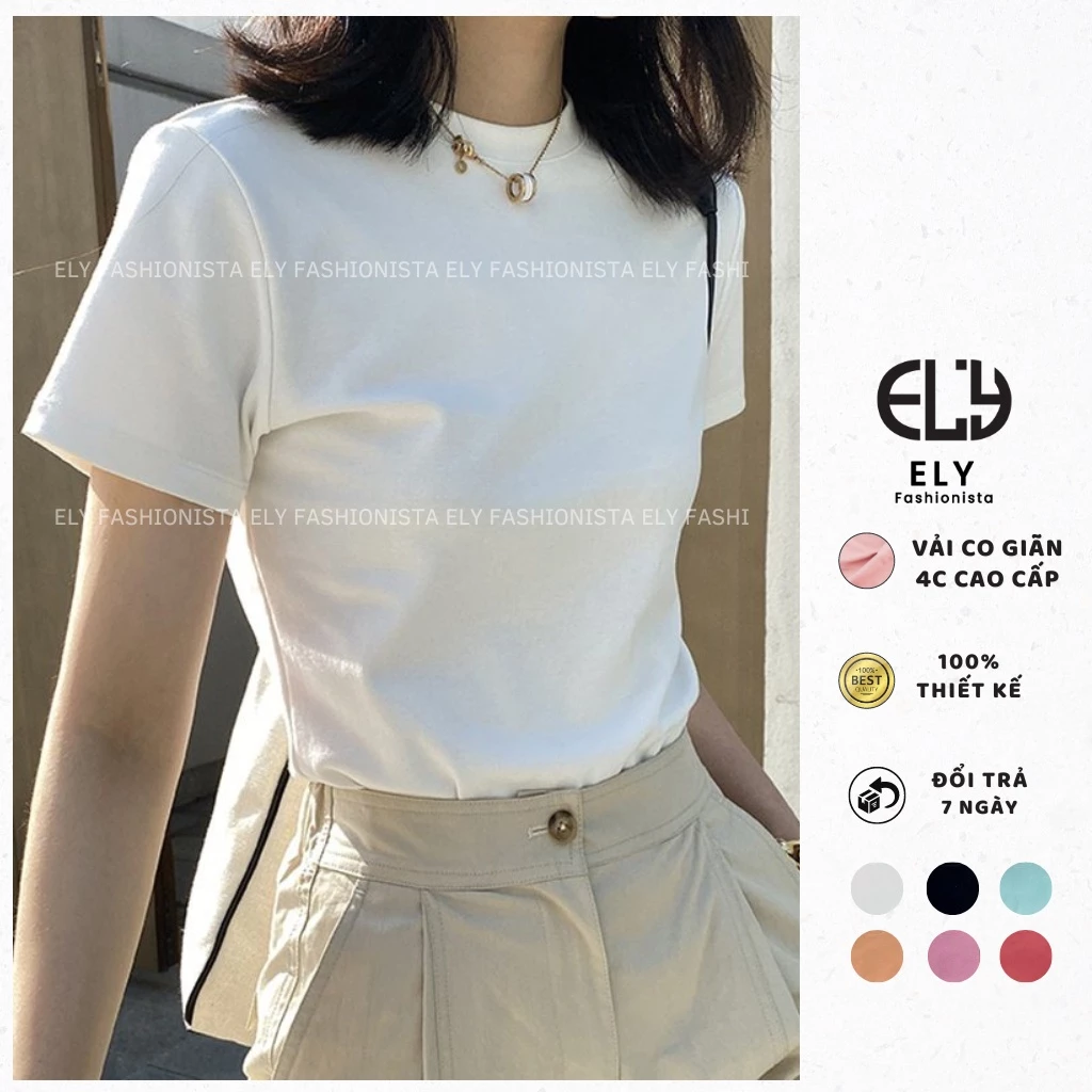 Áo thun trơn nữ cổ tròn cộc tay dáng vừa basic cao cấp, áo phông trơn nữ cotton đen trắng chất vải đẹp ELY207