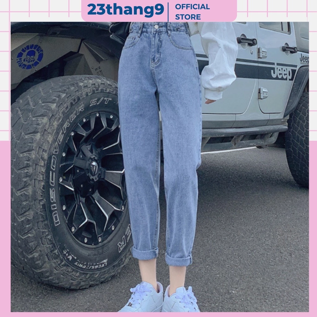 Quần baggy jean nữ , quần bò nữ cạp cao màu xanh màu đen chất bò Quảng Châu mịn dày dặn không phai màu T019