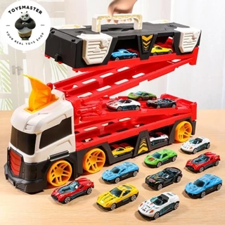 Đồ Chơi Xe Tải Container HotWheels Biến Hình Vận Chuyển Xe Ôtô Cỡ Lớn Cao Cấp Tặng Kèm 6 Xe Con Và Bệ Phóng.