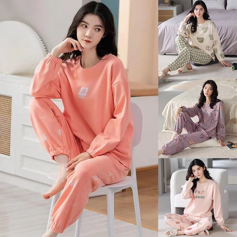 Bộ Đồ Ngủ Pijama Tay Dài Cổ Tròn In Họa Tiết Hoạt Hình Dễ Thương Thời Trang Cho Nữ size M-5XL Plus