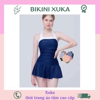 Đồ Bơi Liền Thân. Bikini Váy Xèo Phối Trắng Dây Buộc Cổ Kín Đáo Dể Thương XUKA XK50