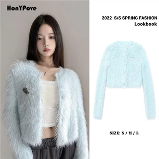 Áo Khoác Cardigan Dệt Kim Phối Lông Thú Màu Xanh Da Trời