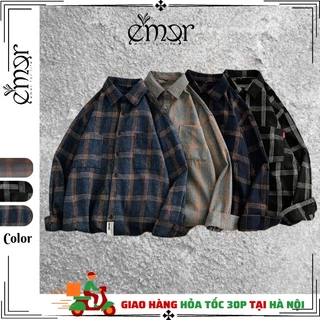 Áo Sơ Mi Nam Nữ Dài Tay Form Rộng Kẻ Sọc Caro Cổ Bẻ Unisex Oversize E'mer Phong Cách Hàn Quốc