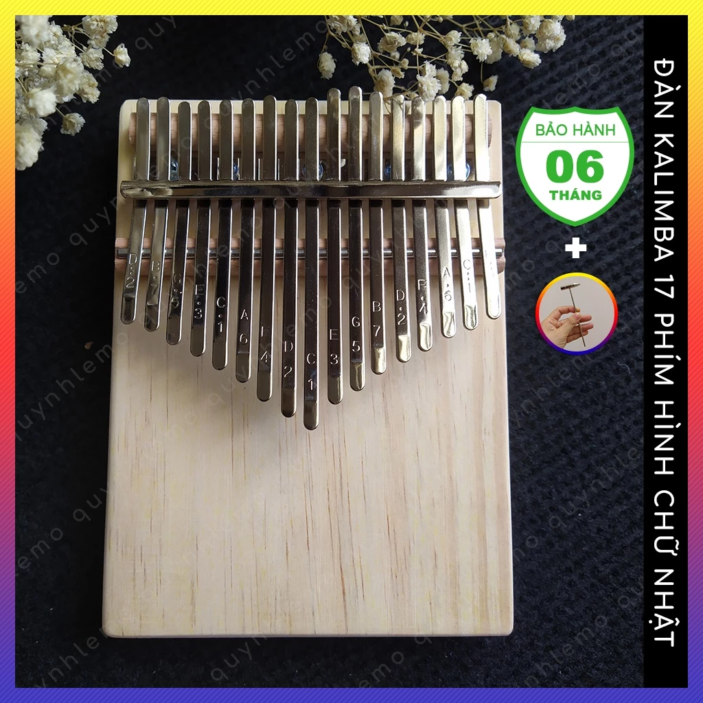 Đàn kalimba 17 phím hình chữ nhật QUYNHLEMO, Kalimba nguyên khối gỗ thông mỹ cao cấp tặng kèm 1 búa chỉnh âm