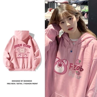 [Hàng Có Sẵn] Áo Khoác Sweatshirt Màu Hồng Hình Gấu Dâu Tây Phong Cách Hip Hop Mỹ Cho Cặp Đôi