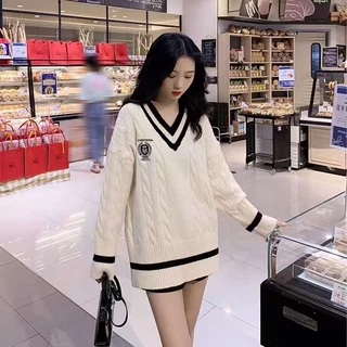 Áo sweater JSC tay dài dáng rộng cổ chữ V màu tương phản phong cách Hàn Quốc dành cho nữ