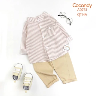 Set đồ cho bé -Áo dài kẻ HỒNG cổ tàu và Quần kaki BE cúc gỗ cho bé của COCANDY mã A0761,Q114A