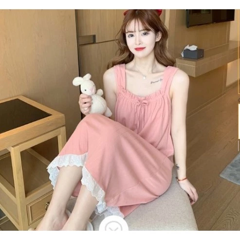 Váy ngủ 2 dây váy mặc ở nhà chất thun cotton có diềm dễ thương thoải mái phong cách hàn quốc