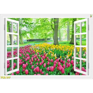 Tranh 3D cửa sổ Hoa Đơn, Hoa Hồng, Khuân viên, Hàng cây.