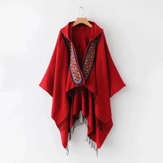 Áo choàng boho thổ cẩm nữ mùa thu đông vintage có mũ khăn poncho khoác ngoài len dạ ấm - Mã LE03 The Collar Box