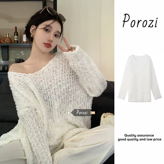 Porozi Áo sweater tay dài cổ chữ v màu sắc đơn giản phong cách Hàn Quốc