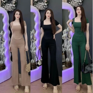 Đồ bộ nữ, set đồ bộ quần ống loe đai cao có túi, áo ôm ngắn tay cổ vuông lai bầu vải thun cotton gân, bộ đồ mặc ở nhà nữ