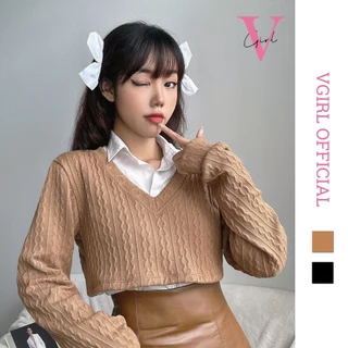 Áo croptop ghile VGIRL cổ V tay dài bo chất len ( không kèm sơmi ) [ẢNH ĐỘC QUYỀN]