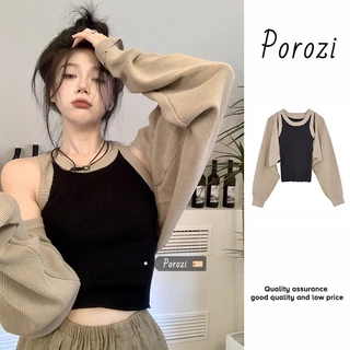 Porozi Áo cardigan ngắn tay dài/ áo không tay dệt kim phong cách Hàn Quốc thời trang cho nữ