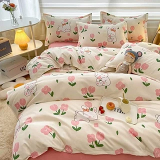 BỘ CHĂN GA GỐI COTTON POLY NHẬP KHẨU 100% ( CHĂN ĐÃ TRẦN BÔNG) HỌA TIẾT TULIP HỒNG - ĐỦ KÍCH THƯỚC