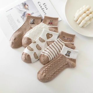 Tất nữ vớ cổ ngắn set 5 đôi nâu sữa họa tiết cute phong cách Hàn Quốc trẻ trung chất liệu co giãn thoáng mát