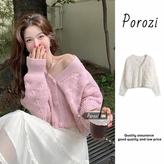 Porozi Áo khoác cardigan nữ Áo sweater tay dài dáng ngắn thời trang phong cách Hàn Quốc