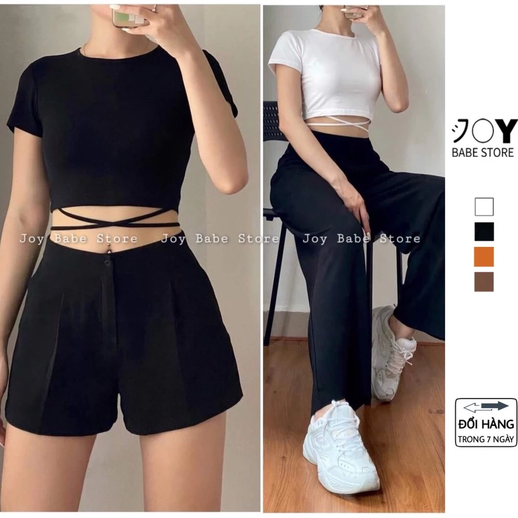 Áo croptop kiểu JOY BABE form ôm 💞 thun xịn co giãn 4 chiều,cột dây quấn chéo eo, áo crop top kieu tay ngắn CRON190 -1A