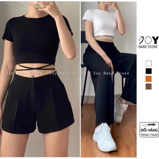 Áo croptop kiểu JOY BABE form ôm 💞 thun xịn co giãn 4 chiều,cột dây quấn chéo eo, áo crop top kieu tay ngắn CRON190 -1A